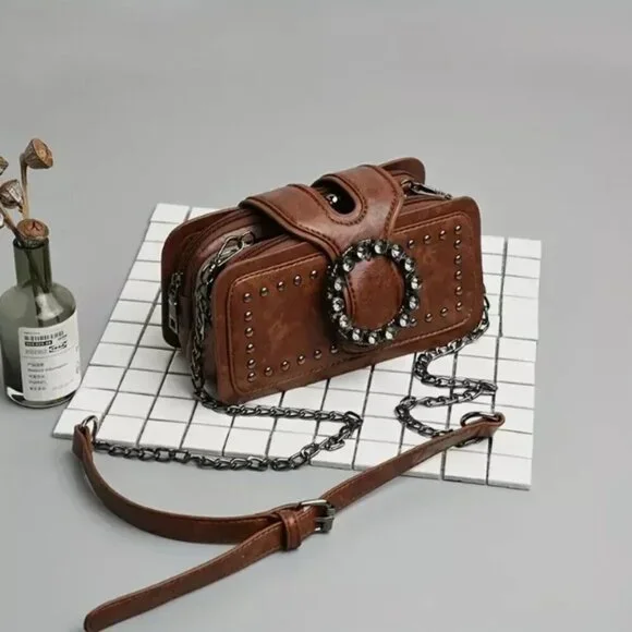 Brown Studded Bag Rhinestone Buckle Chain Crossbody Punk Goth Rocker Purse - Picture 2 of 9